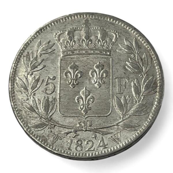 5 Francs Louis XVIII - 1824 W - Lille - Argent - qualité, splendid, superbe, splendide, FDC, MS, Louis, silver, french coins - numismatique - numismatic, royal, charles, silber
