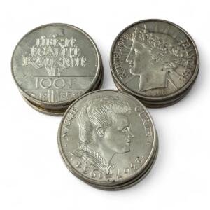 Lot de 10 monnaies de 100 Francs - Divers types - 15g - Argent 900/1000 - investissement - gold - french coins - patrimoine - inflation - lot monnaies - rare - ecus - numismatique - numismatic - gold coin - splendide - invest - silver - argent - lingot - lingotin - geld - silber - once - oz