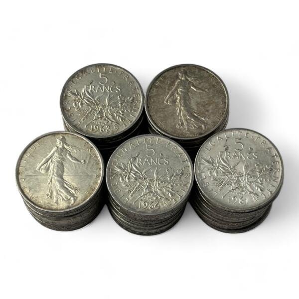 Lot de 50 monnaies de 5 Francs Semeuse - 12g - Argent 835/1000 - investissement - gold - french coins - patrimoine - inflation - lot monnaies - rare - ecus - numismatique - numismatic - gold coin - splendide - invest - silver - argent - lingot - lingotin - geld - silber - once - oz