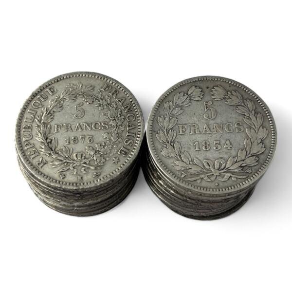 Lot de 20 Ecus de 5 Francs - 25g - Argent 900/1000 - investissement - gold - french coins - patrimoine - inflation - lot monnaies - rare - ecus - numismatique - numismatic - gold coin - splendide - invest - silver - argent - lingot - lingotin - geld - silber - once - oz