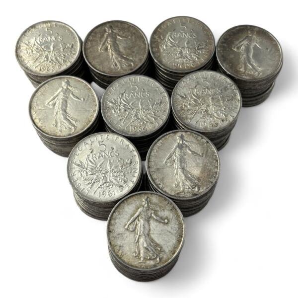Lot de 100 monnaies de 5 Francs Semeuse - 12g - Argent 835/1000 - investissement - gold - french coins - patrimoine - inflation - lot monnaies - rare - ecus - numismatique - numismatic - gold coin - splendide - invest - silver - argent - lingot - lingotin - geld - silber - once - oz