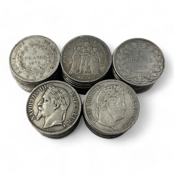 Lot de 50 Ecus de 5 Francs - 25g - Argent 900/1000 - investissement - gold - french coins - patrimoine - inflation - lot monnaies - rare - ecus - numismatique - numismatic - gold coin - splendide - invest - silver - argent - lingot - lingotin - geld - silber - once - oz