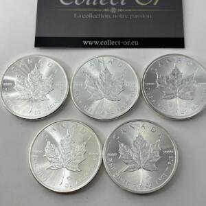 Lot de 5 monnaies - 1 oz / Once - maple leaf canada (31.1 grammes) en Argent 999.9 - 2015