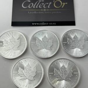 Lot de 5 monnaies - 1 oz / Once - maple leaf canada (31.1 grammes) en Argent 999.9 - 2022