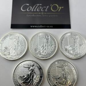Lot de 5 monnaies - 1 oz / Once - Britannia - Charles III - Angleterre (31.1 grammes) en Argent 999.9 - 2024